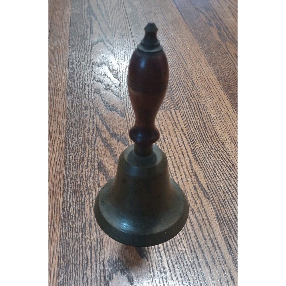 Vintage Brass Hand Bell with Turned Wood Handle Antique Schoolhouse Dinner Bell